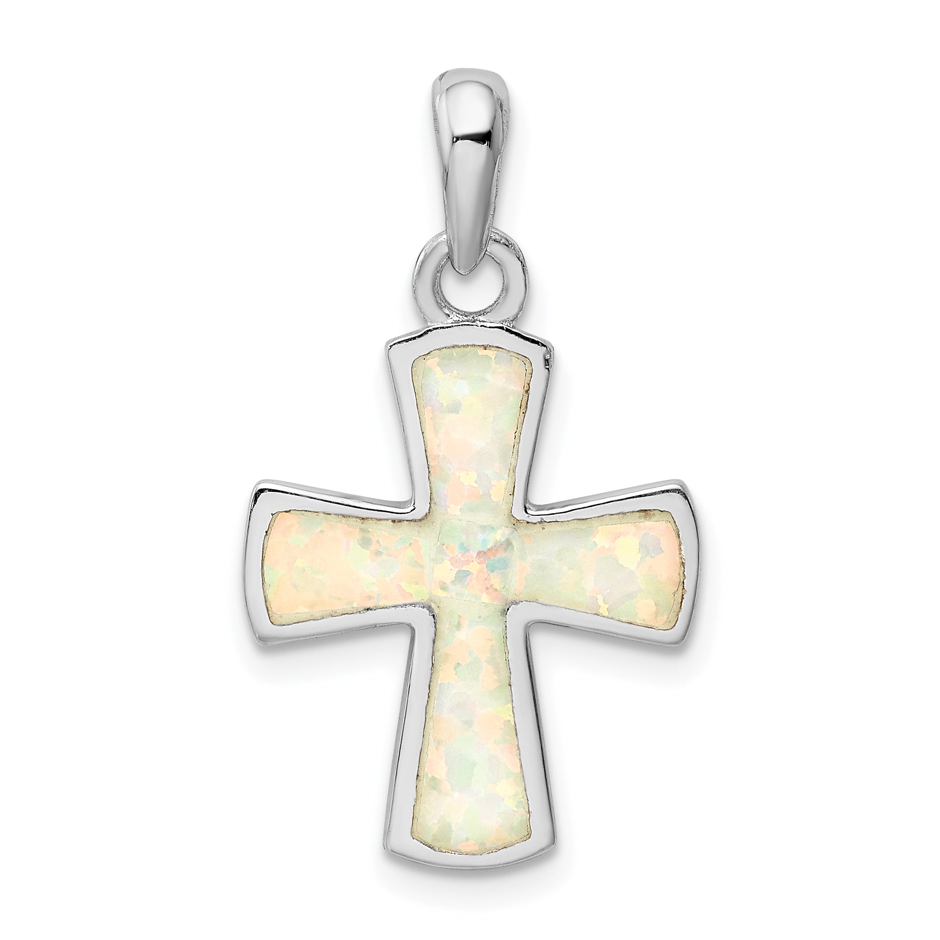 Sterling Silver Rhodium-plated White Lab Created Opal Cross Pendant Main image