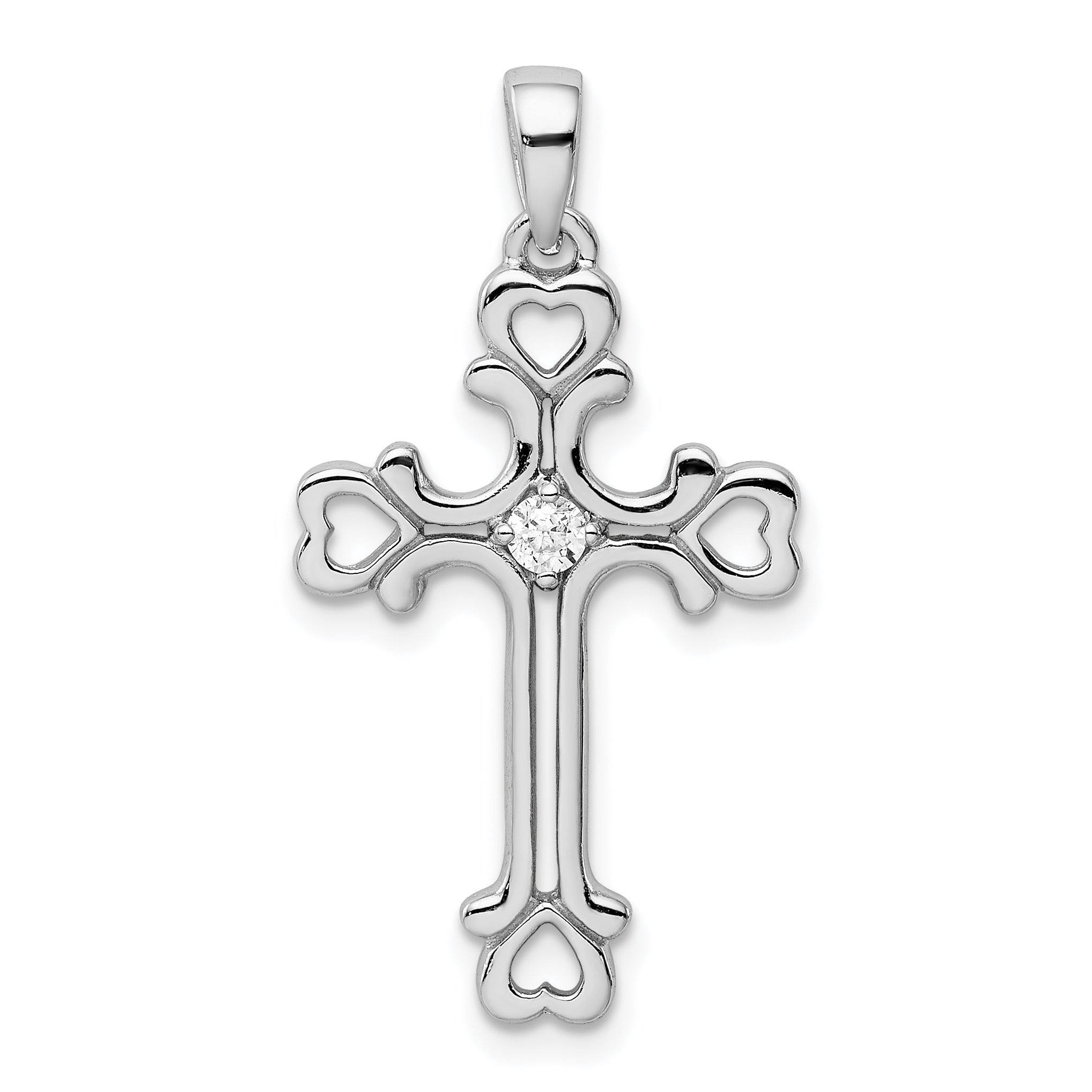 Sterling Silver Rhodium-plated CZ Heart Cross Pendant Main image
