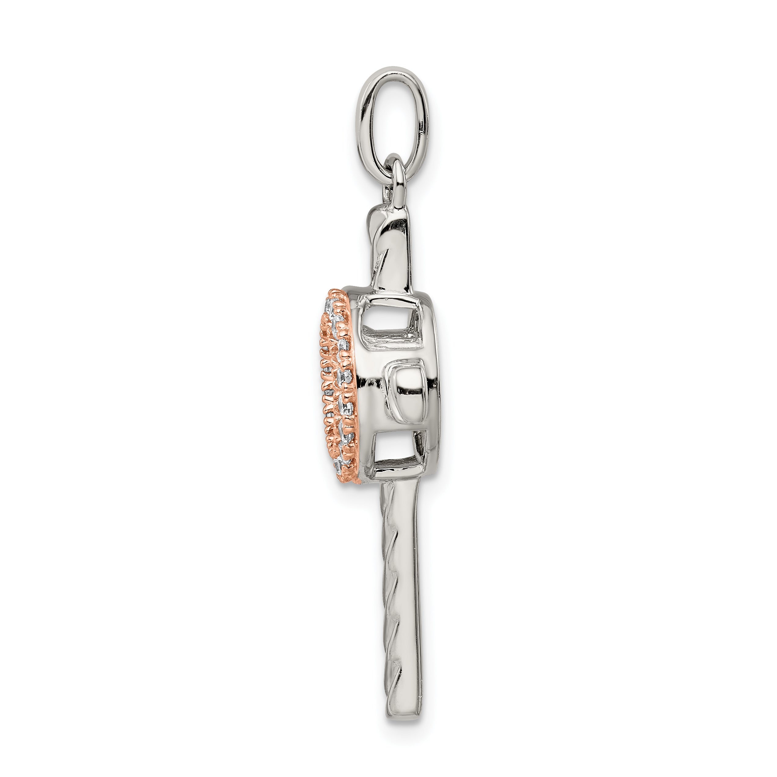 Sterling Silver 925 Cross Pendant with Rose-Tone CZ & Platinum Finish