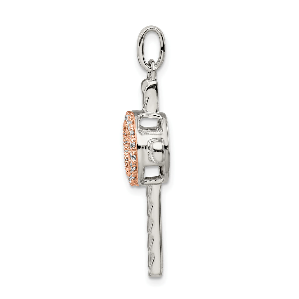 Sterling Silver 925 Cross Pendant with Rose-Tone CZ & Platinum Finish