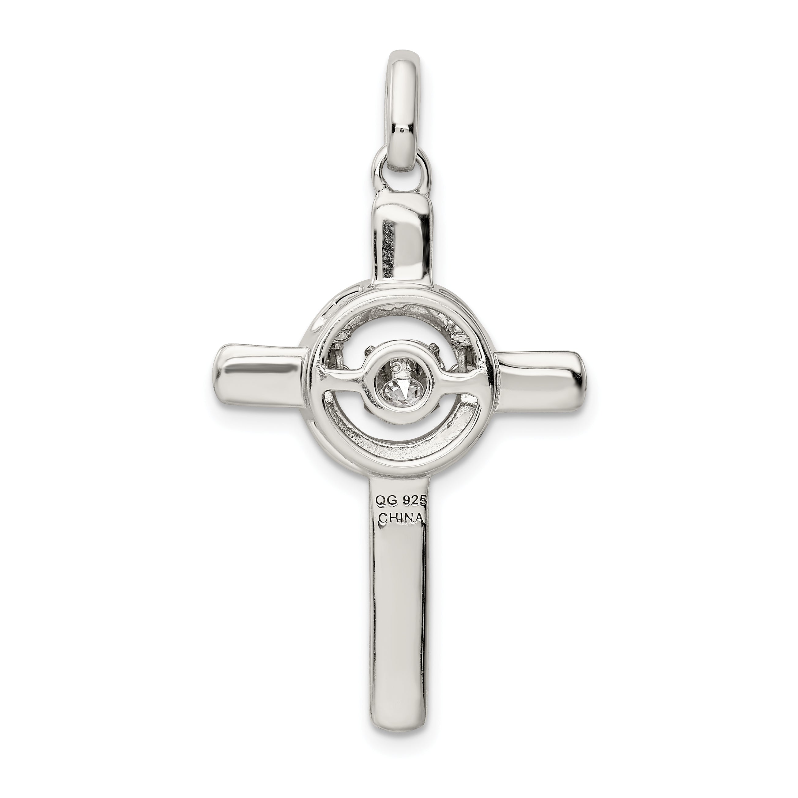Sterling Silver 925 Cross Pendant with Rose-Tone CZ & Platinum Finish
