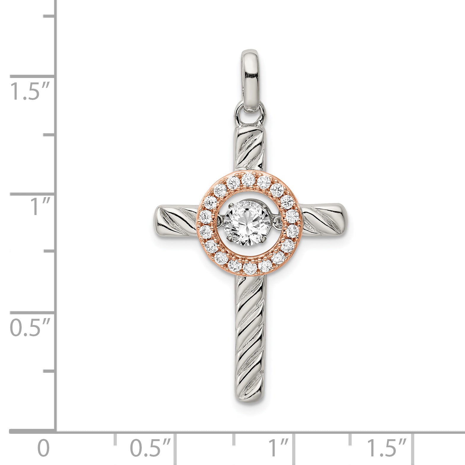 Sterling Silver 925 Cross Pendant with Rose-Tone CZ & Platinum Finish