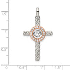 Sterling Silver 925 Cross Pendant with Rose-Tone CZ & Platinum Finish
