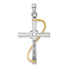 Sterling Silver CZ Cross Pendant with Gold-Tone Rhodium Finish