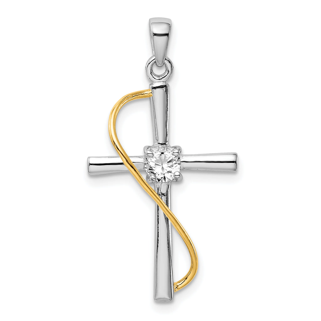 Sterling Silver Rhodium & Gold-tone Polished w/CZ Cross Pendant