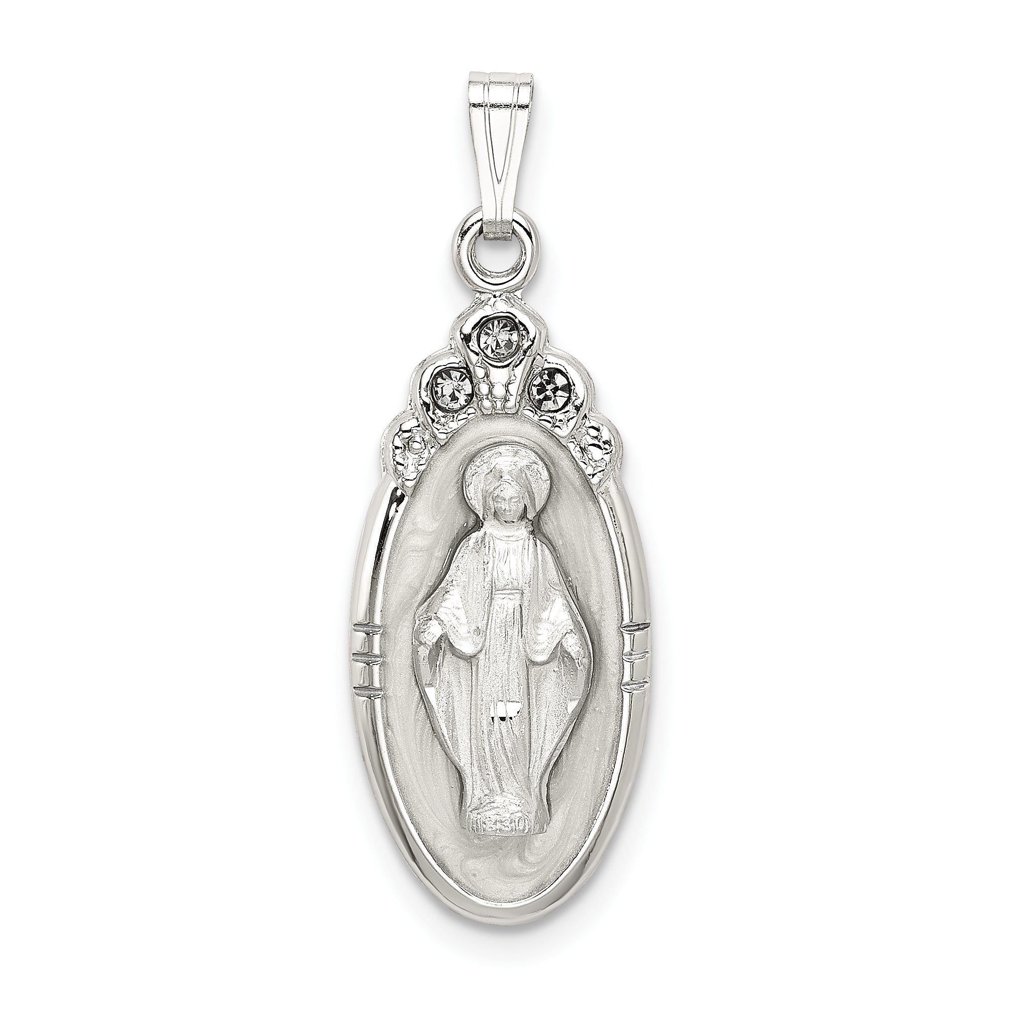 Sterling Silver White Epoxy & Crystal Miraculous Medal Pendant Main image
