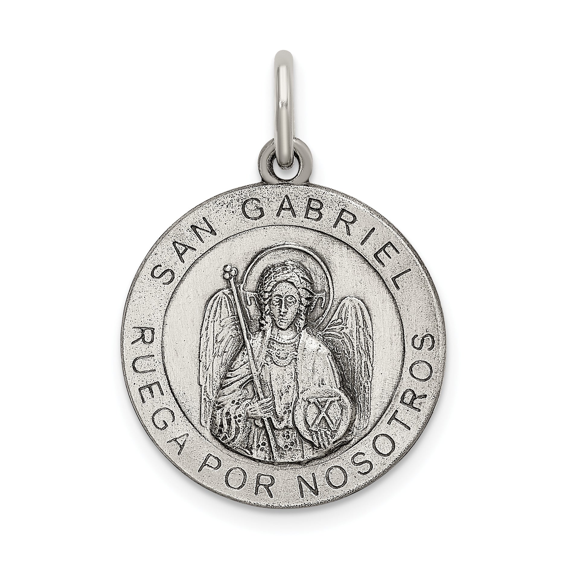 Sterling Silver Satin Antiqued Spanish St. Gabriel Medal Pendant Main image