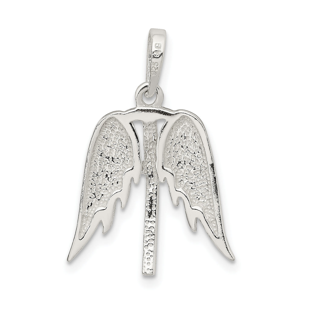 Sterling Silver 925 Men's Pendant with Polished Wings and Cross Design