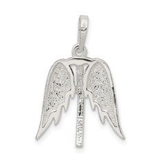 Sterling Silver 925 Men's Pendant with Polished Wings and Cross Design