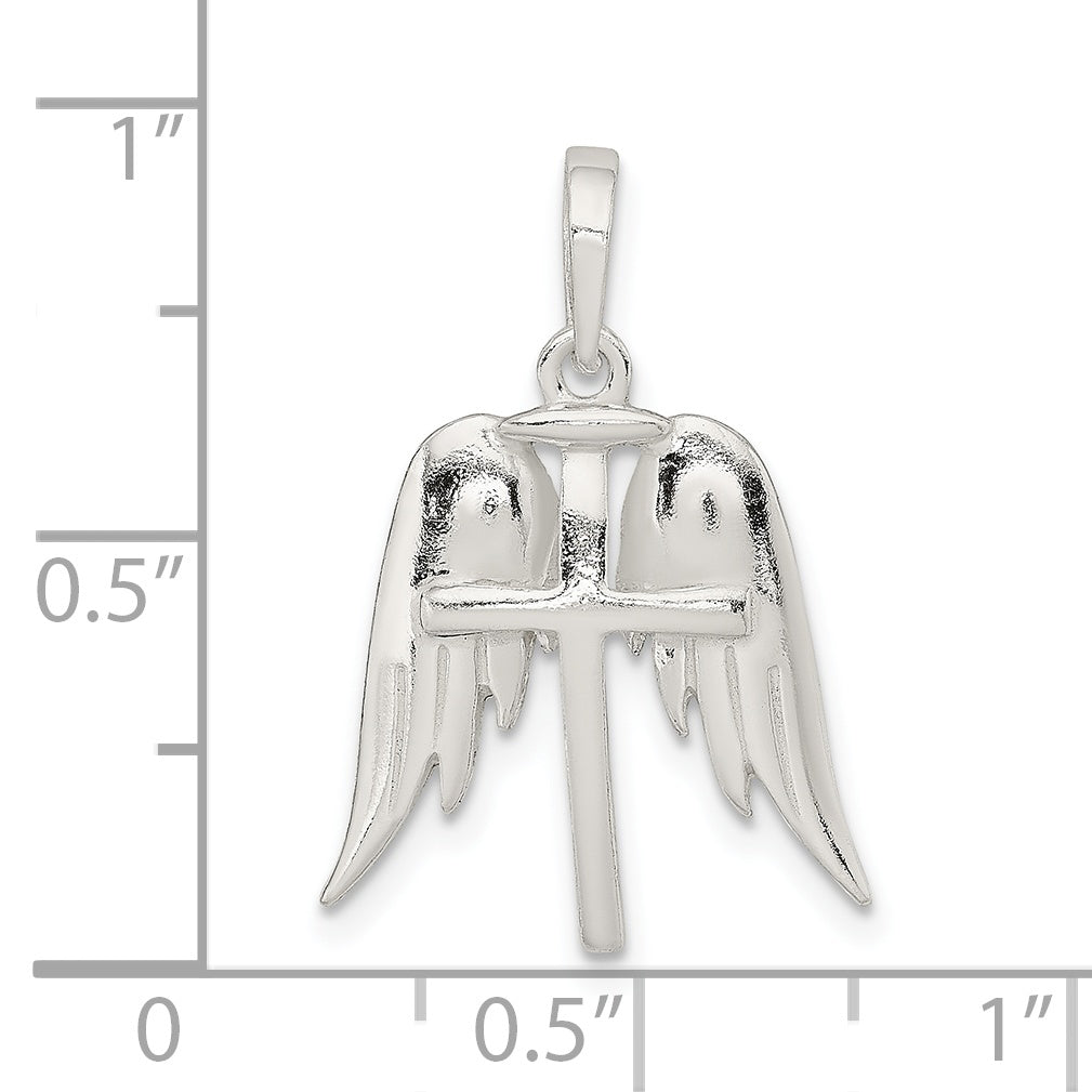 Sterling Silver 925 Men's Pendant with Polished Wings and Cross Design