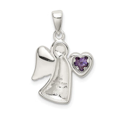 Sterling Silver Purple Heart CZ Angel Pendant with Polished Finish