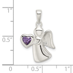 Sterling Silver Purple Heart CZ Angel Pendant with Polished Finish