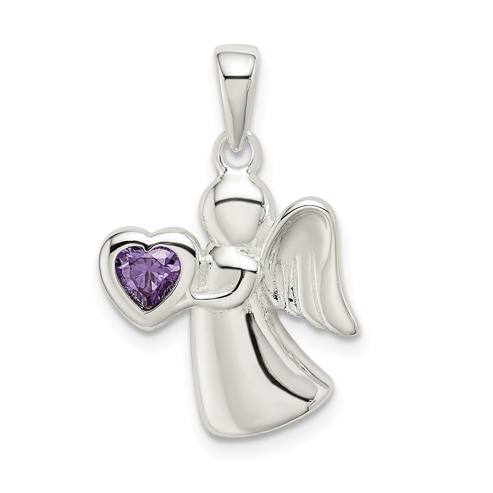 Sterling Silver Angel w/Purple CZ Heart Pendant Main image