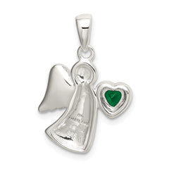 Sterling Silver Angel Pendant with Green CZ Heart Elegant Finish