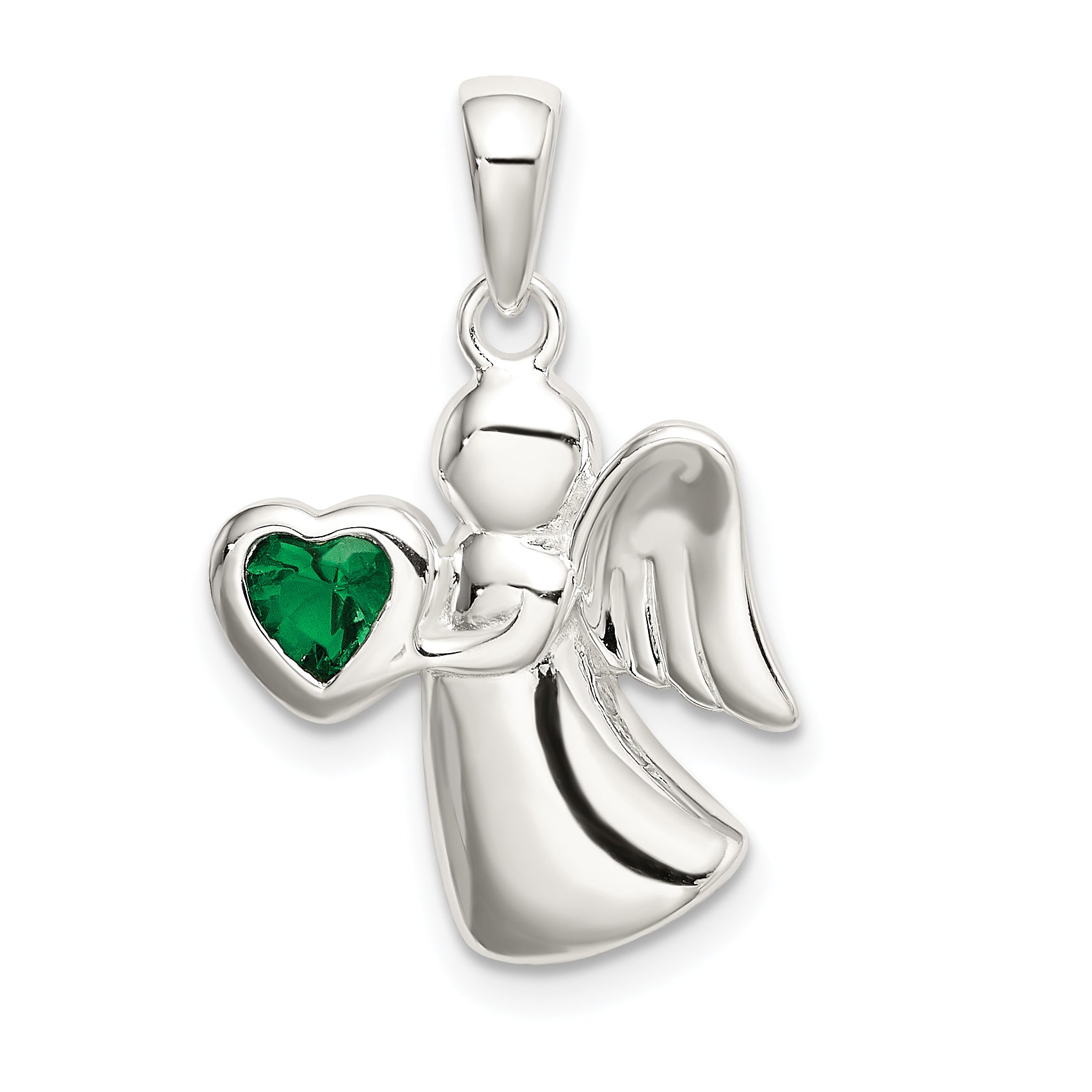 Sterling Silver Angel w/Dark Green CZ Heart Pendant Main image