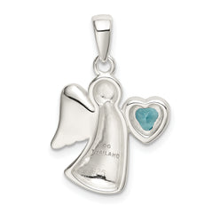 Sterling Silver 925 Angel Pendant with Light Blue Heart CZ