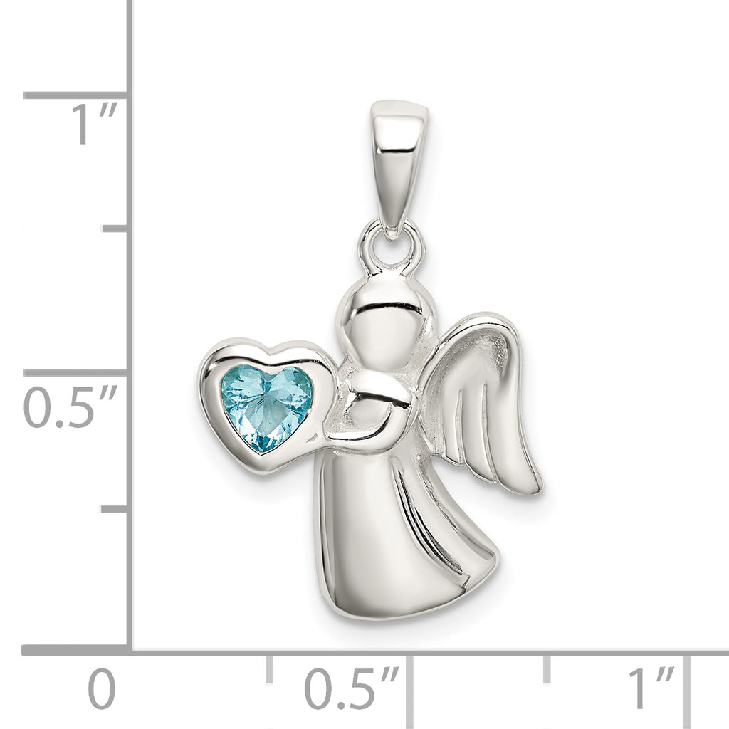 Sterling Silver 925 Angel Pendant with Light Blue Heart CZ
