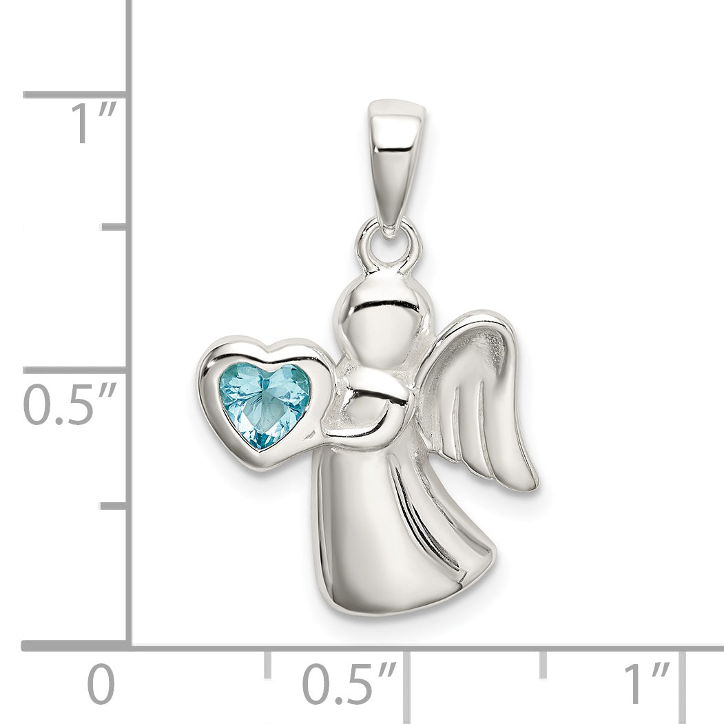 Sterling Silver 925 Angel Pendant with Light Blue Heart CZ