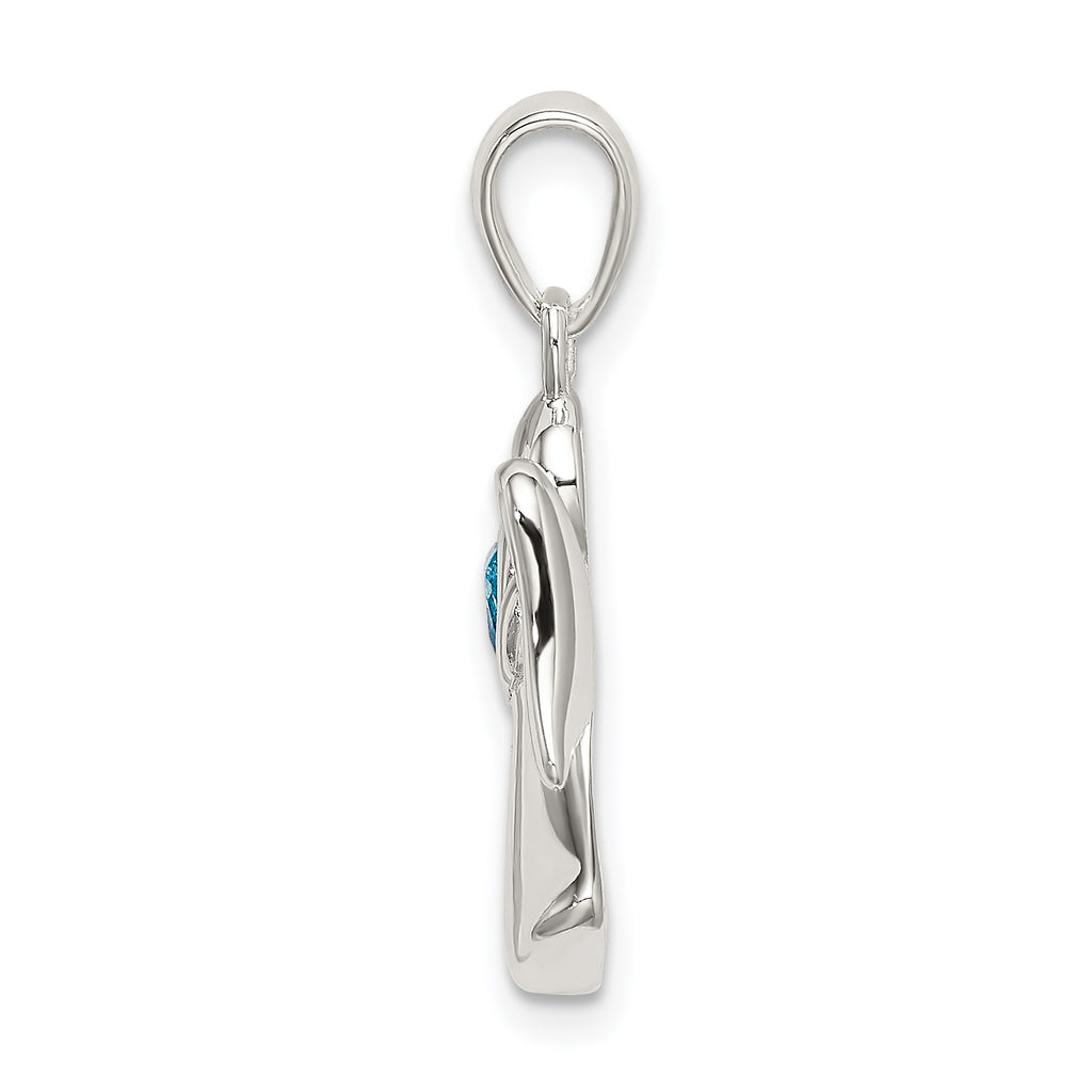 Sterling Silver Angel Pendant with Blue CZ Heart Polished Finish