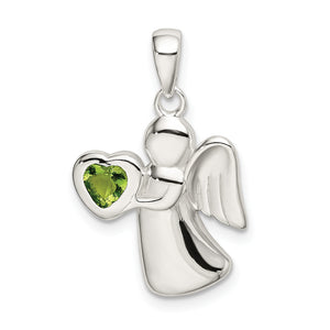 Angel with Green Cubic Zirconia Heart Pendant in Sterling Silver, 25mm - Sophia Jewelers
