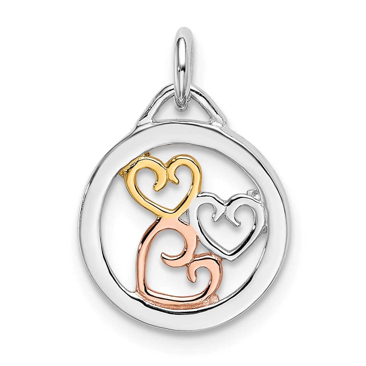Sterling Silver Rhodium, Rose & Gold-tone Polished Hearts Pendant Main image