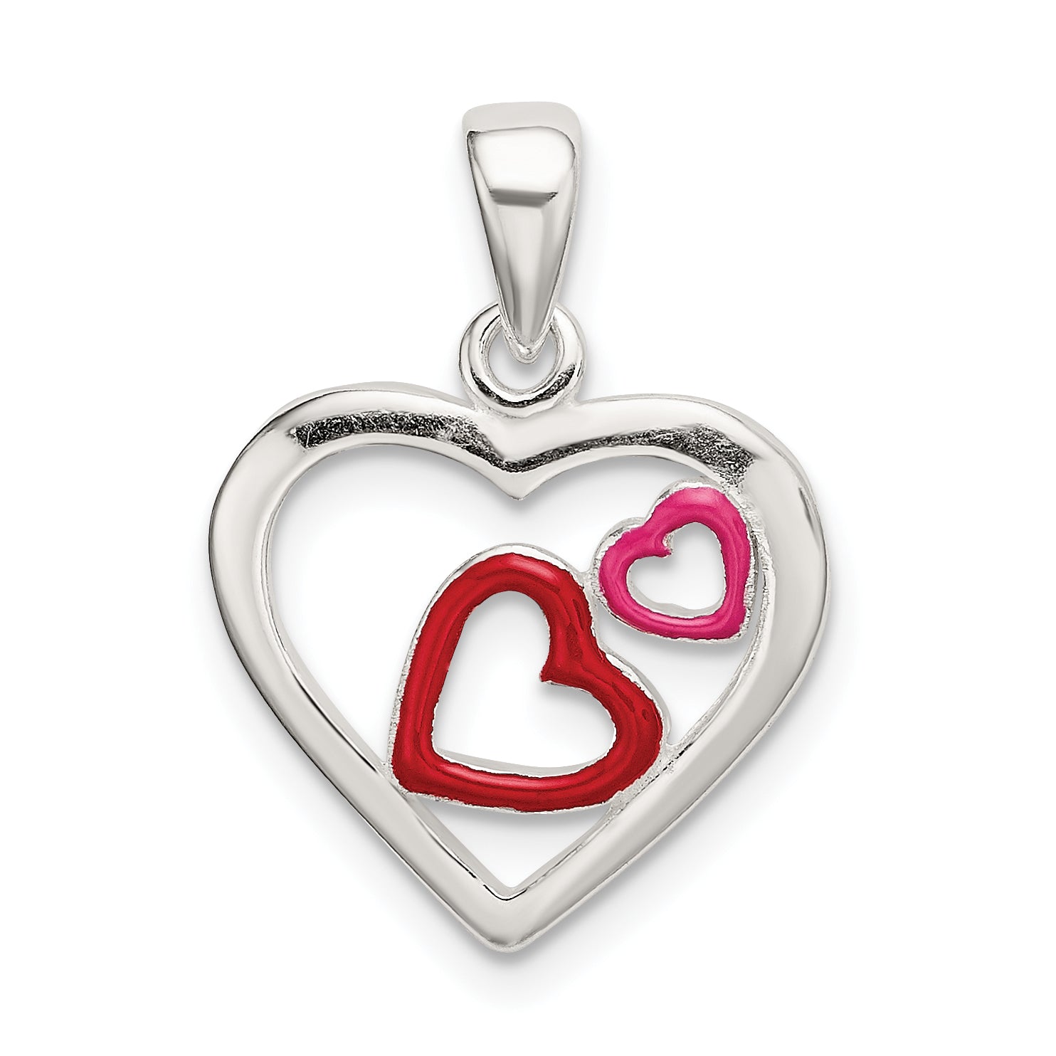 Sterling Silver Polished Red and Pink Enameled Hearts Pendant Main image