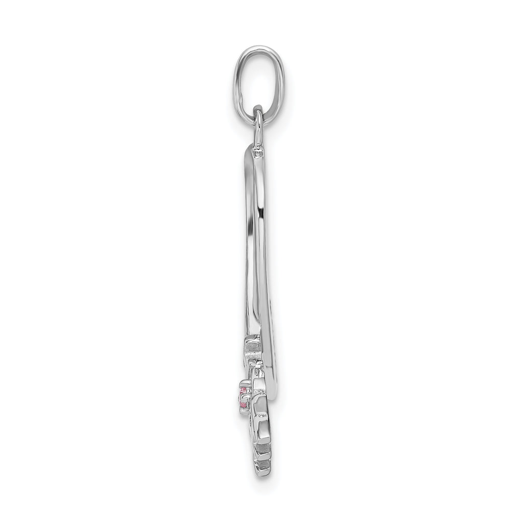 Sterling Silver Pink CZ Awareness Ribbon Pendant with Rhodium Finish