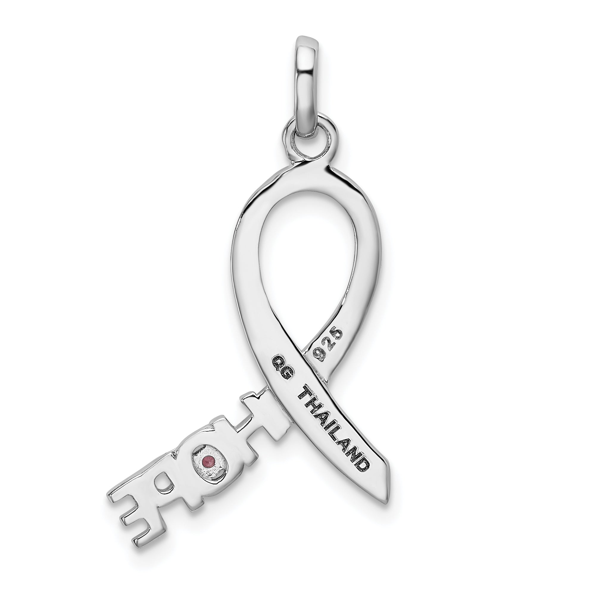Sterling Silver Pink CZ Awareness Ribbon Pendant with Rhodium Finish