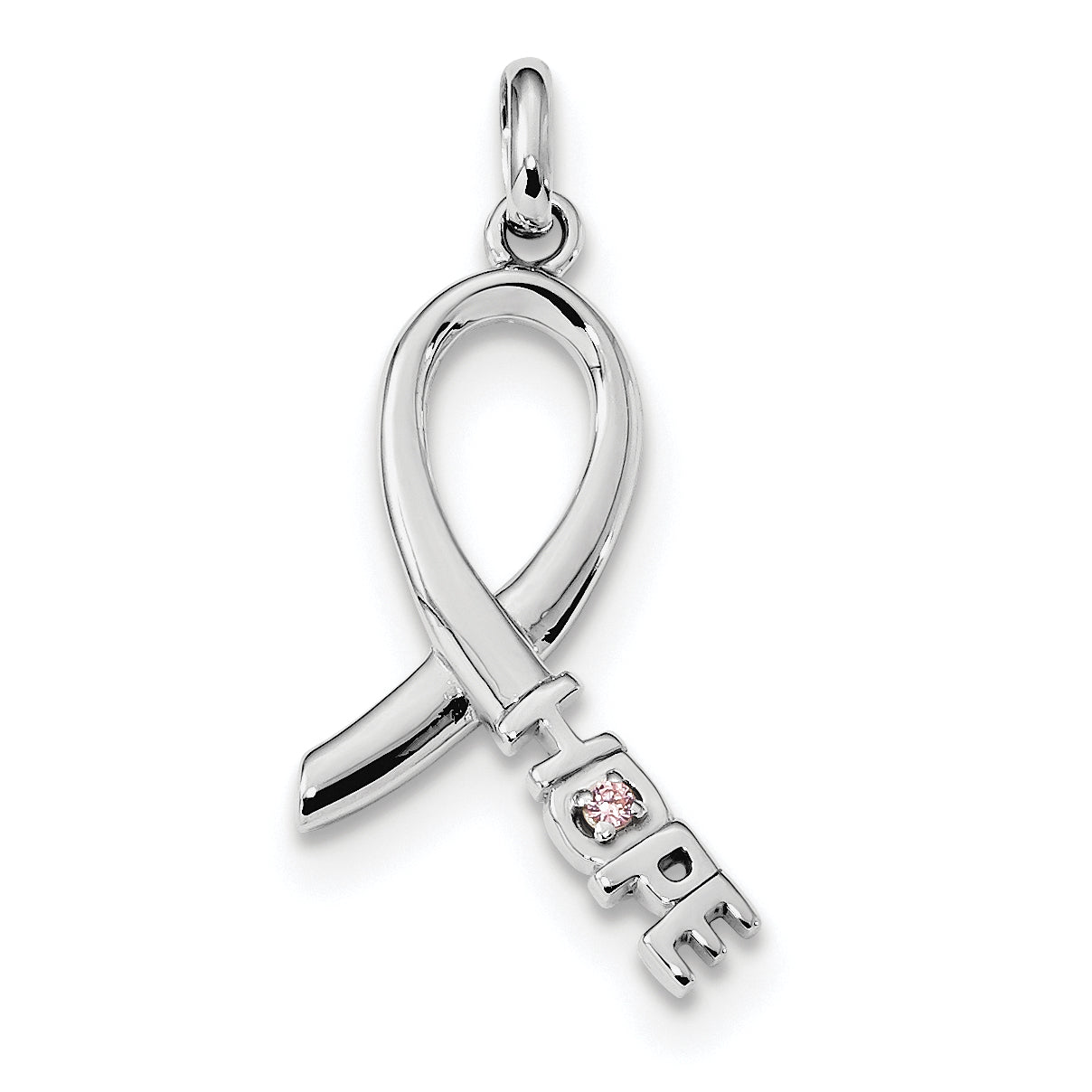 Sterling Silver Rhodium-plated Pink CZ Hope Awareness Ribbon Pendant Main image