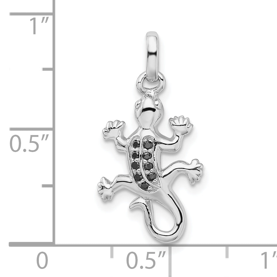 Sterling Silver 925 Lizard Pendant with Black CZ, Rhodium-Plated, Polished, Elegant Design