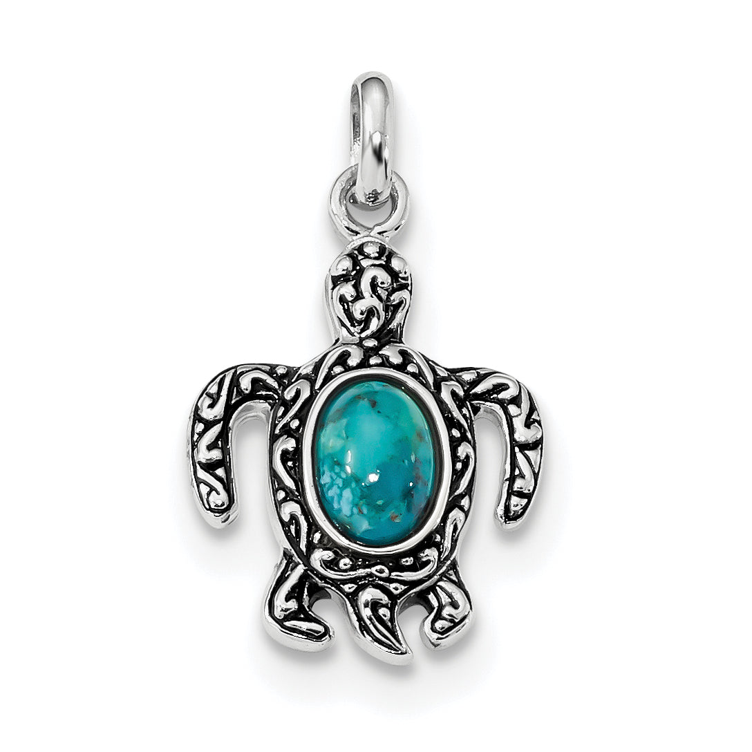 Sterling Silver Rhodium-plated Antiqued Reconstituted Turquoise Turtle Pendant Main image