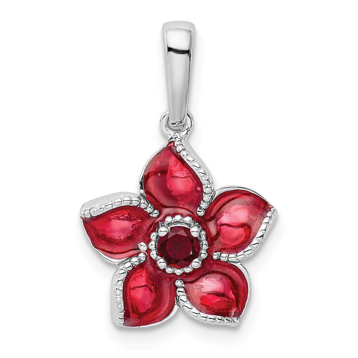 Sterling Silver Rhod-plated Created Ruby and Enamel Flower Pendant Main image