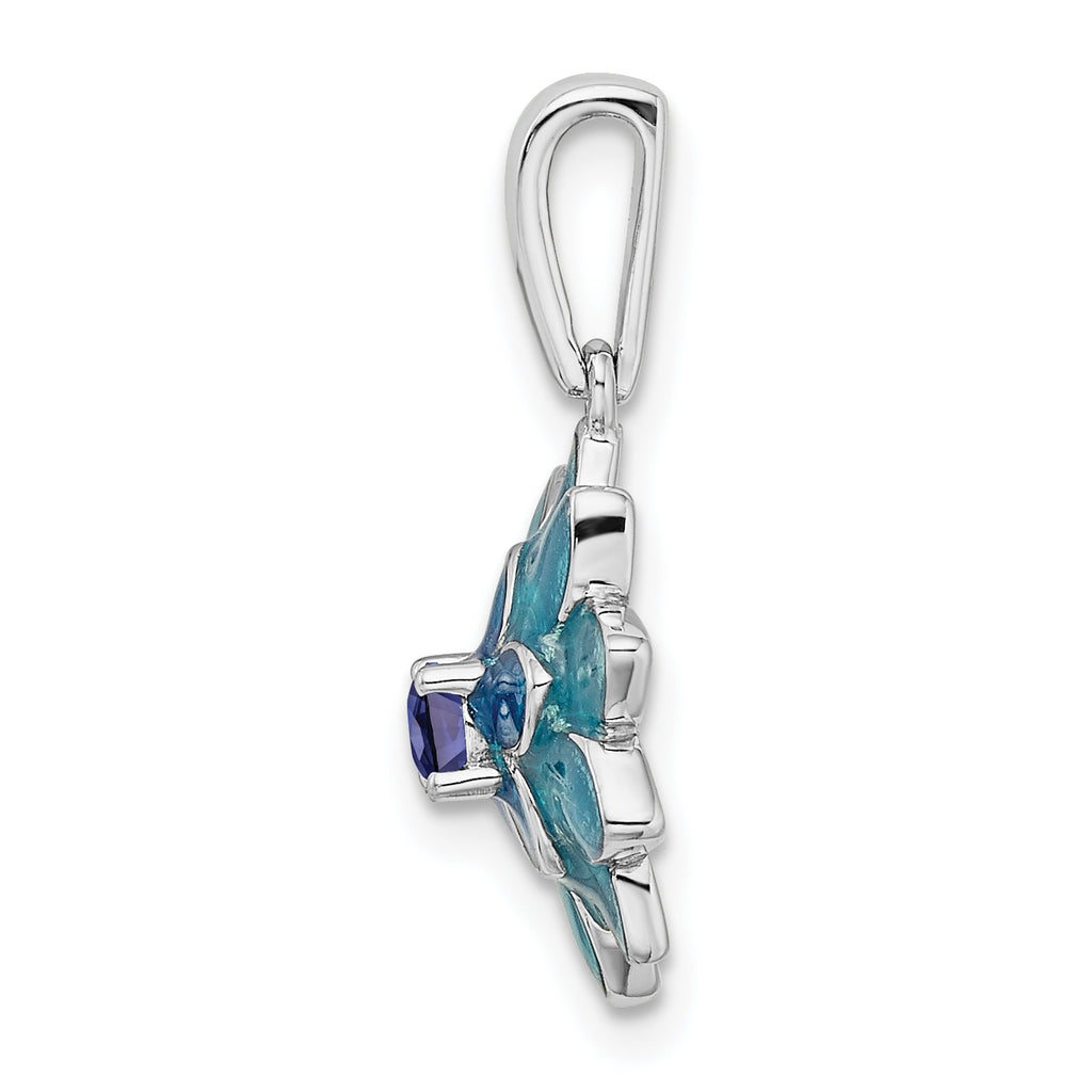 Sterling Silver Sapphire Enamel Flower Pendant Elegant Blue Accent
