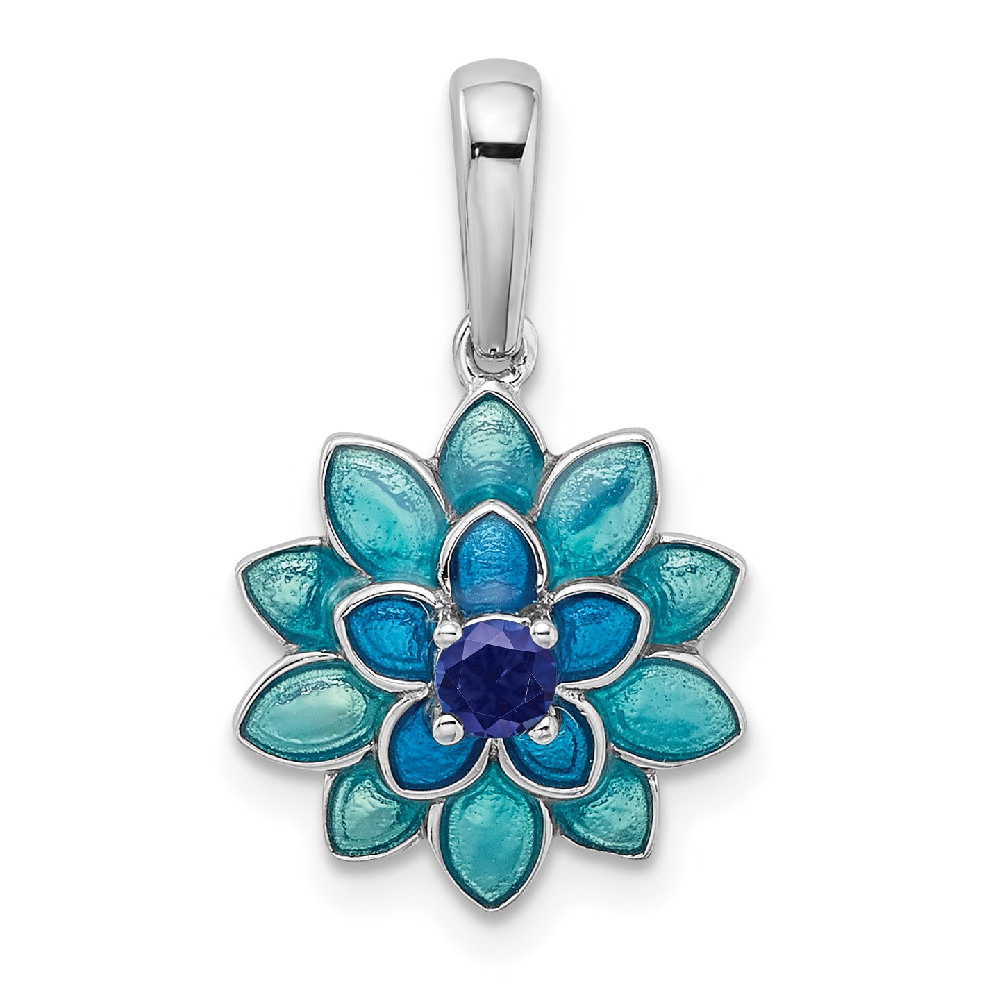 Sterling Silver Rhod-pltd Created Sapphire and Enamel Flower Pendant Main image