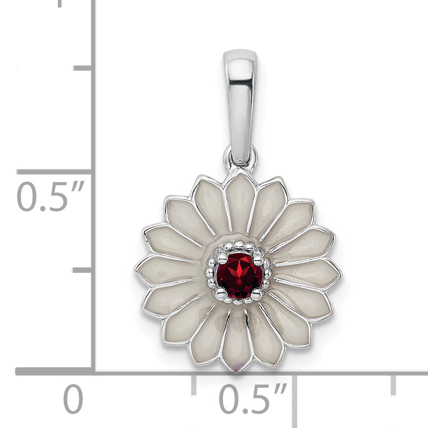 Sterling Silver 925 Garnet Enamel Flower Pendant Polished Elegance