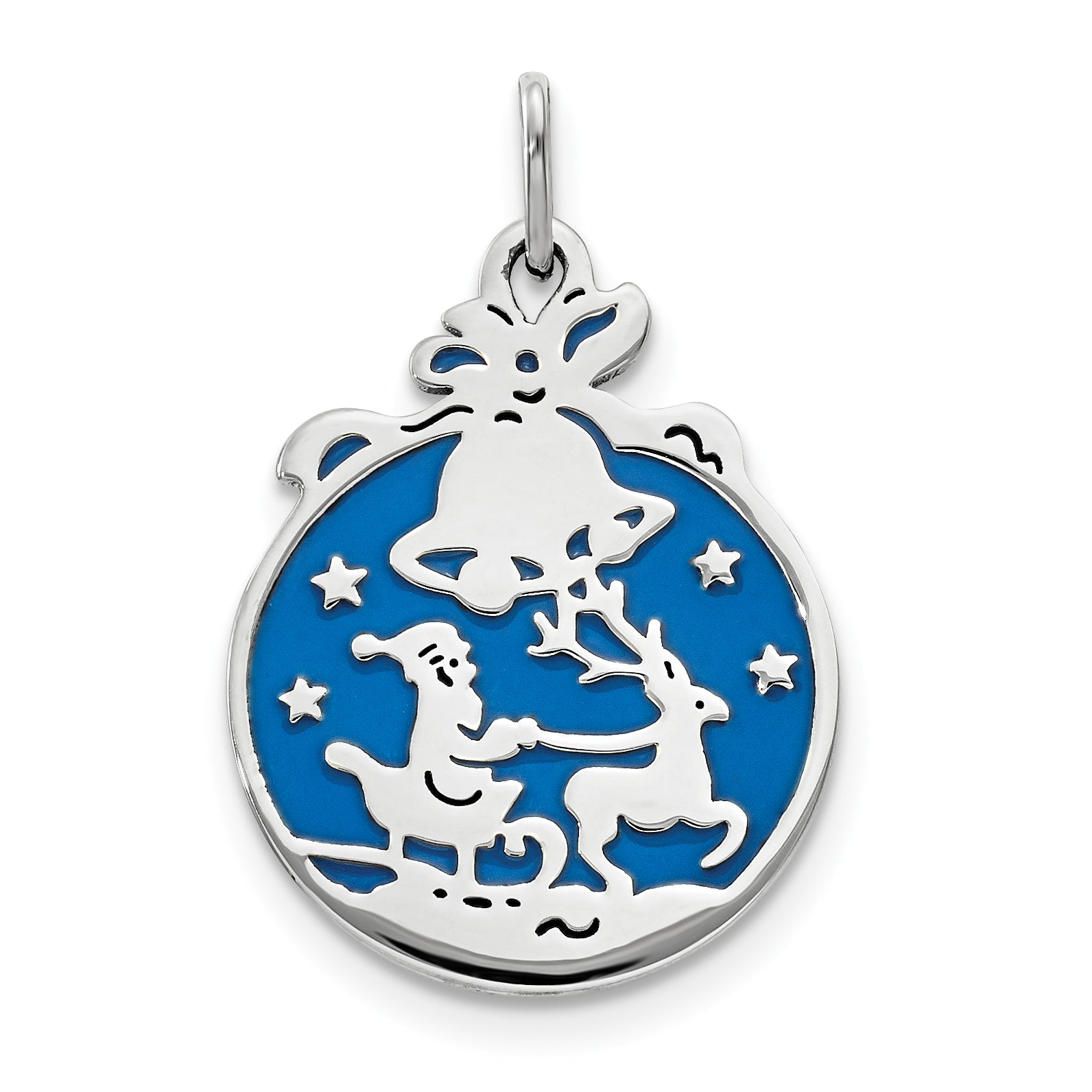 Sterling Silver Rhod-pltd Blue Enamel Santa w/Reindeer Circle Pendant Main image