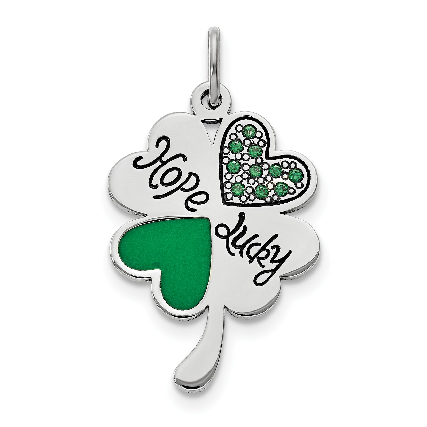Sterling Silver Polish Enamel Hope Luck Swarovski Zirconia Clover Pendant Main image