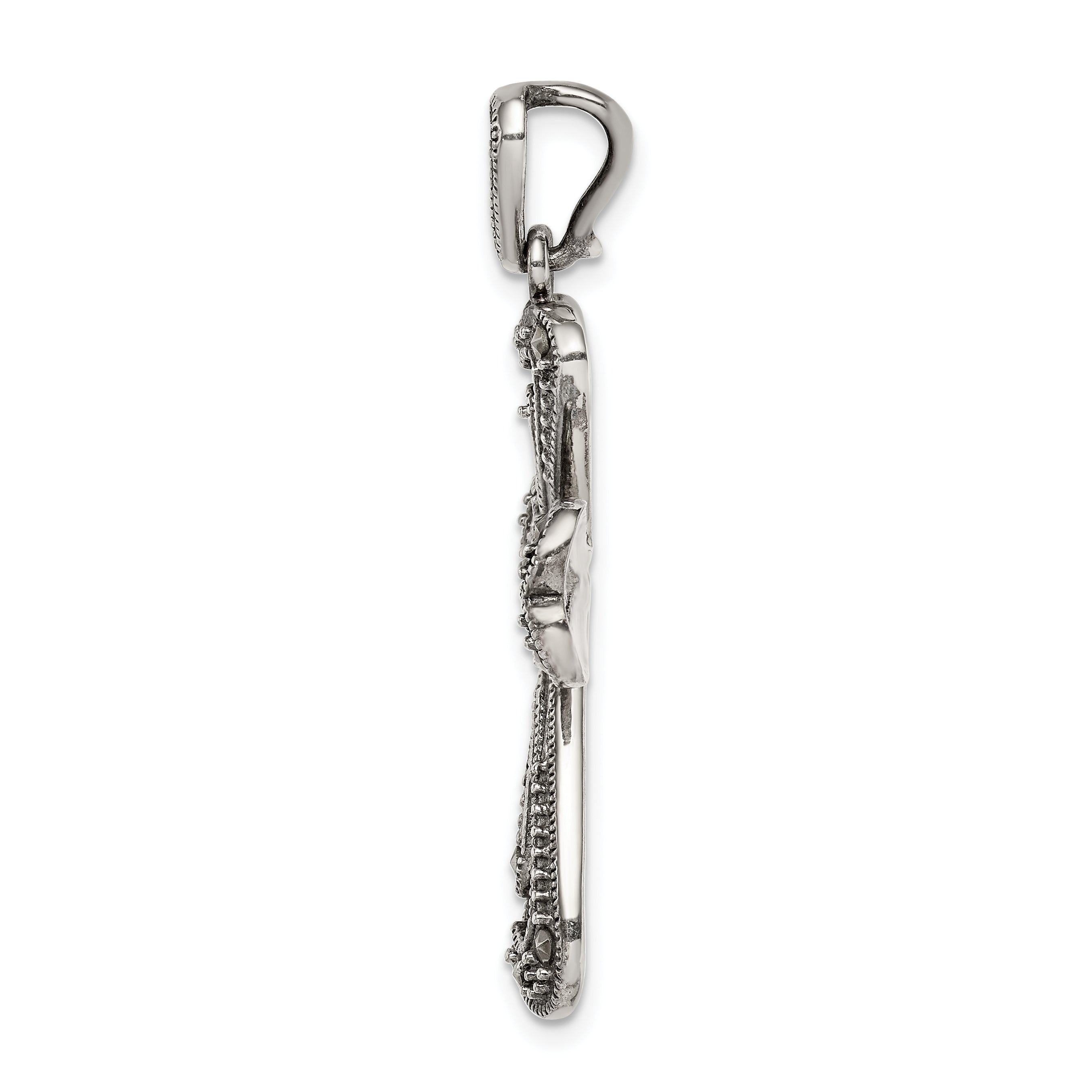 Sterling Silver Antiqued Marcasite and Garnet Cross Pendant Secondary image