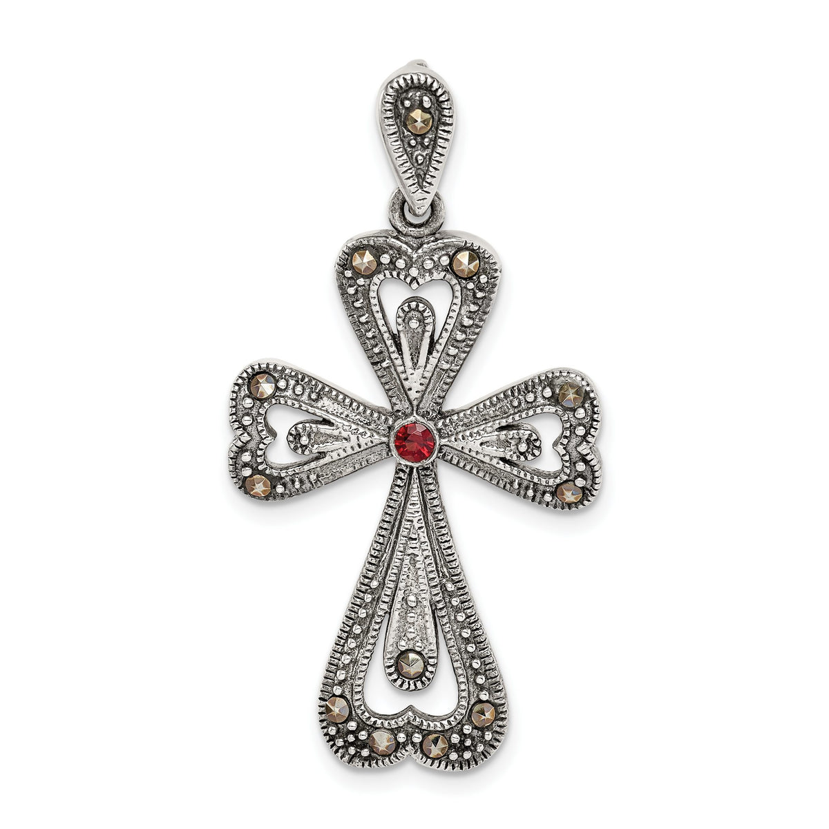 Marcasite & Garnet Cross Pendant in Sterling Silver, 32mm Antiqued - Sophia Jewelers Main image