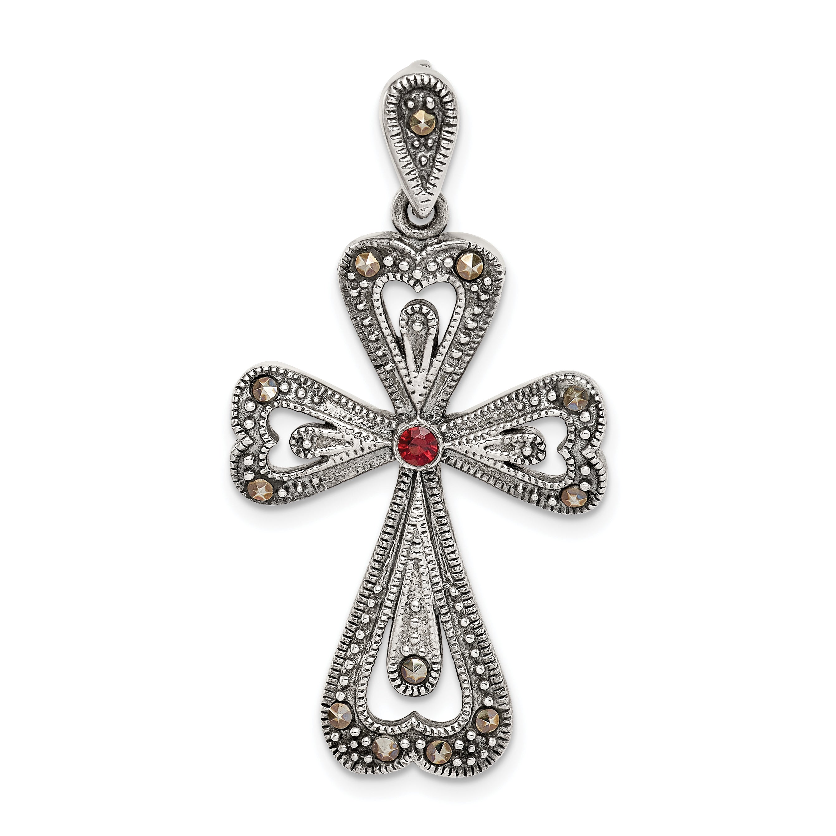Sterling Silver Antiqued Marcasite and Garnet Cross Pendant Main image
