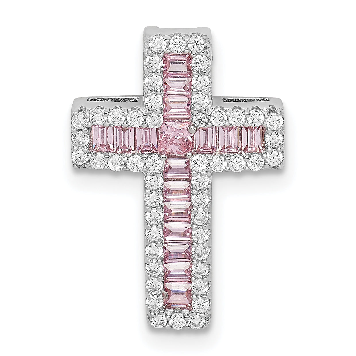 Sterling Silver Rhodium-plated Pink & White CZ Cross Chain Slide Main image