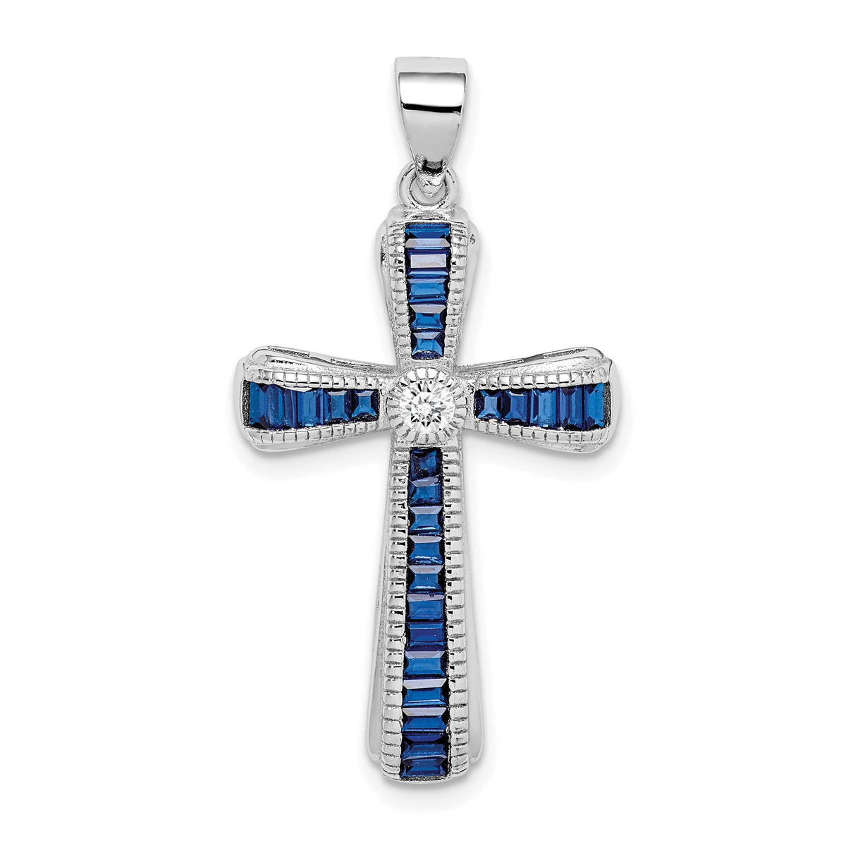 Cubic Zirconia Blue Spinel Cross Pendant in Sterling Silver, 29mm - Sophia Jewelers Main image