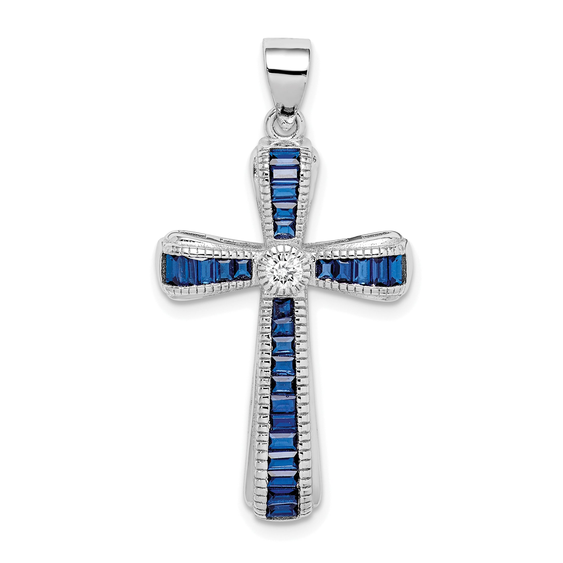 Sterling Silver Rhodium-plated CZ & Lab Cr. Blue Spinel Cross Pendant Main image