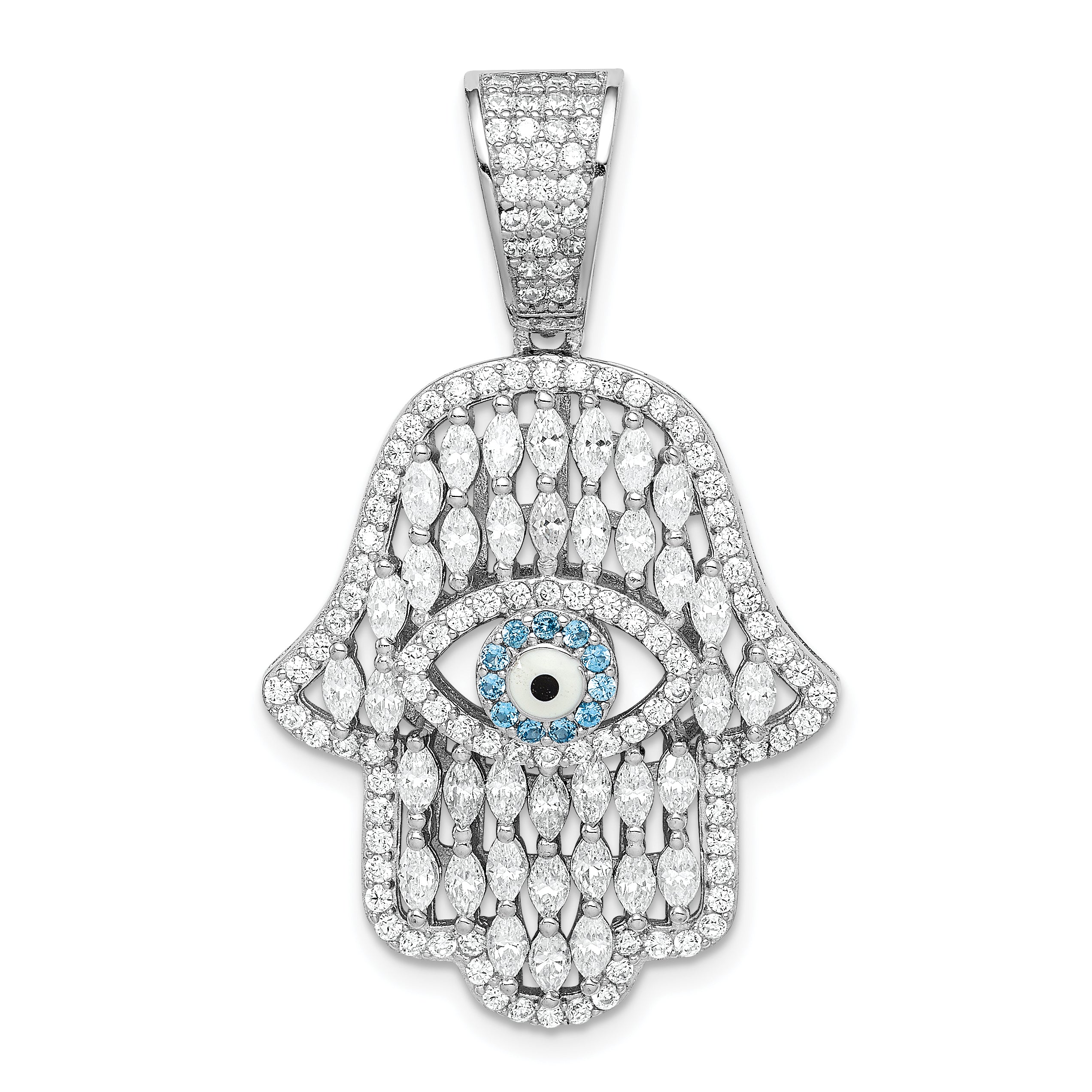Sterling Silver Rhodium-plated White & Blue CZ Hamsa Eye Pendant
