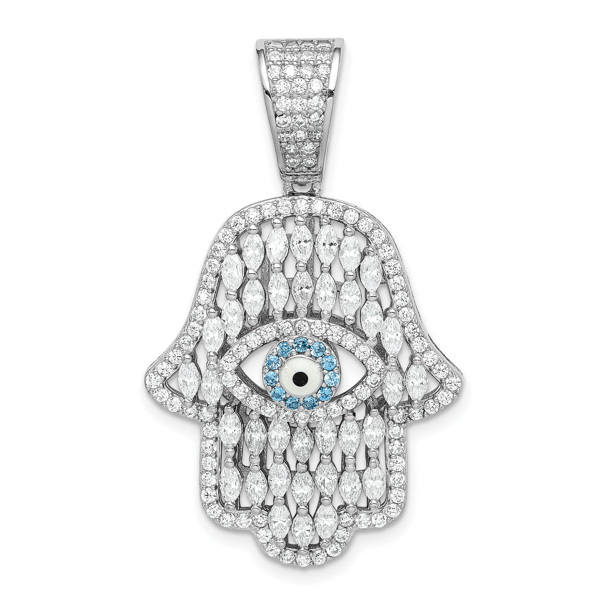 Sterling Silver Rhodium-plated White & Blue CZ Hamsa Eye Pendant