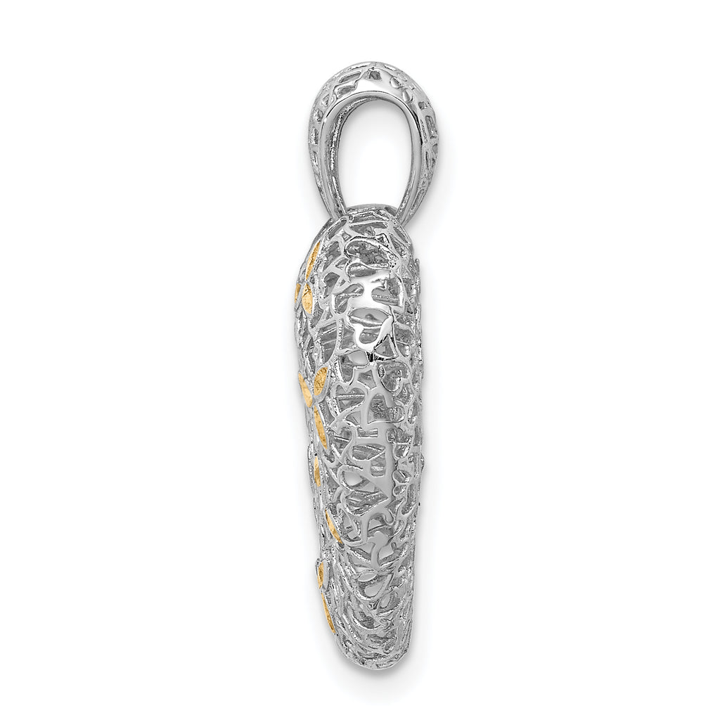 Sterling Silver Rhodium-plated & Gold-tone D/C Hollow Heart Pendant