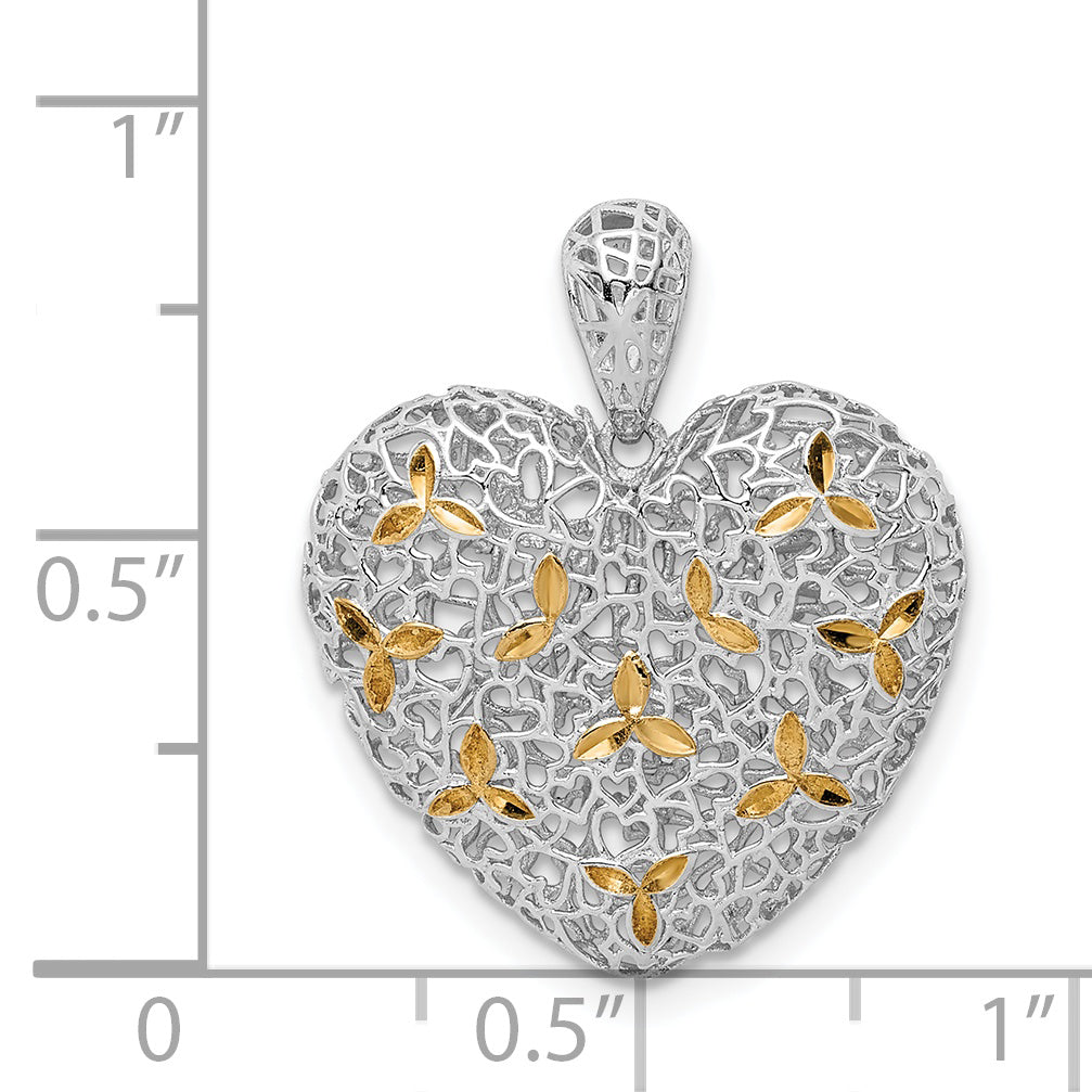Sterling Silver Rhodium-plated & Gold-tone D/C Hollow Heart Pendant