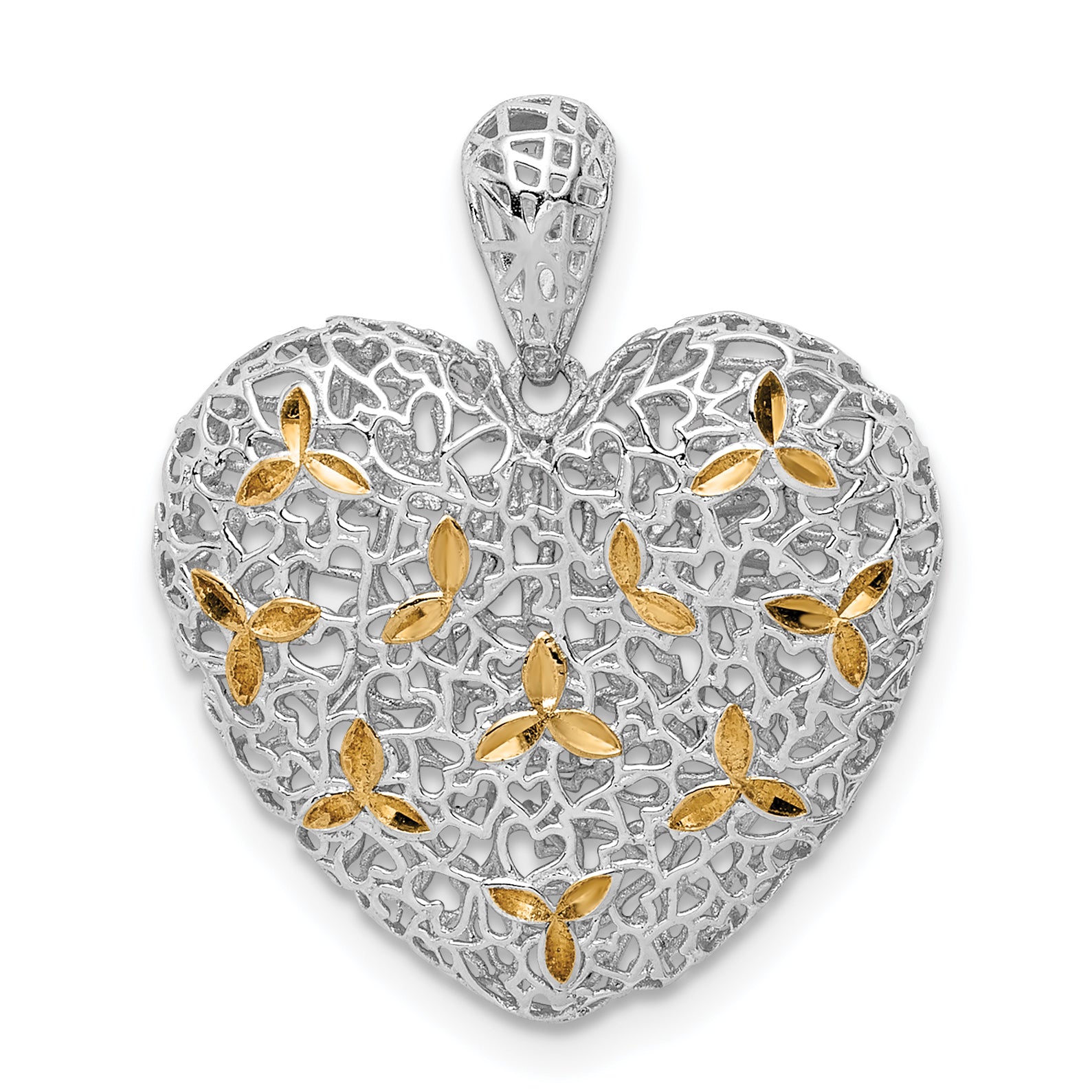 Sterling Silver Rhodium-plated & Gold-tone D/C Hollow Heart Pendant Main image