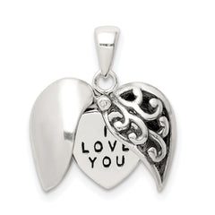 Sterling Silver Polished and Antiqued I LOVE YOU Message within a Decorative Scroll Patterned Moveable Opening Shell Heart Pendant