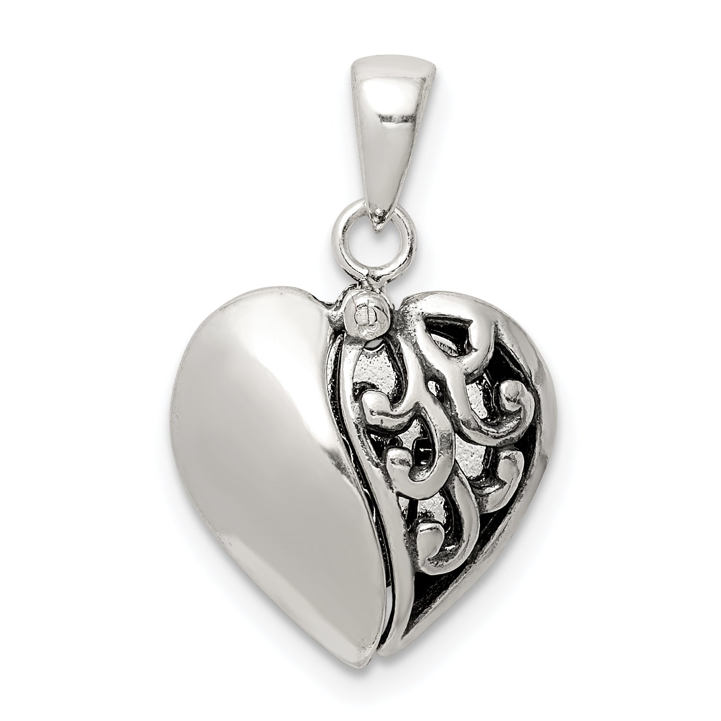 Sterling Silver Polished and Antiqued I LOVE YOU Message within a Decorative Scroll Patterned Moveable Opening Shell Heart Pendant Main image